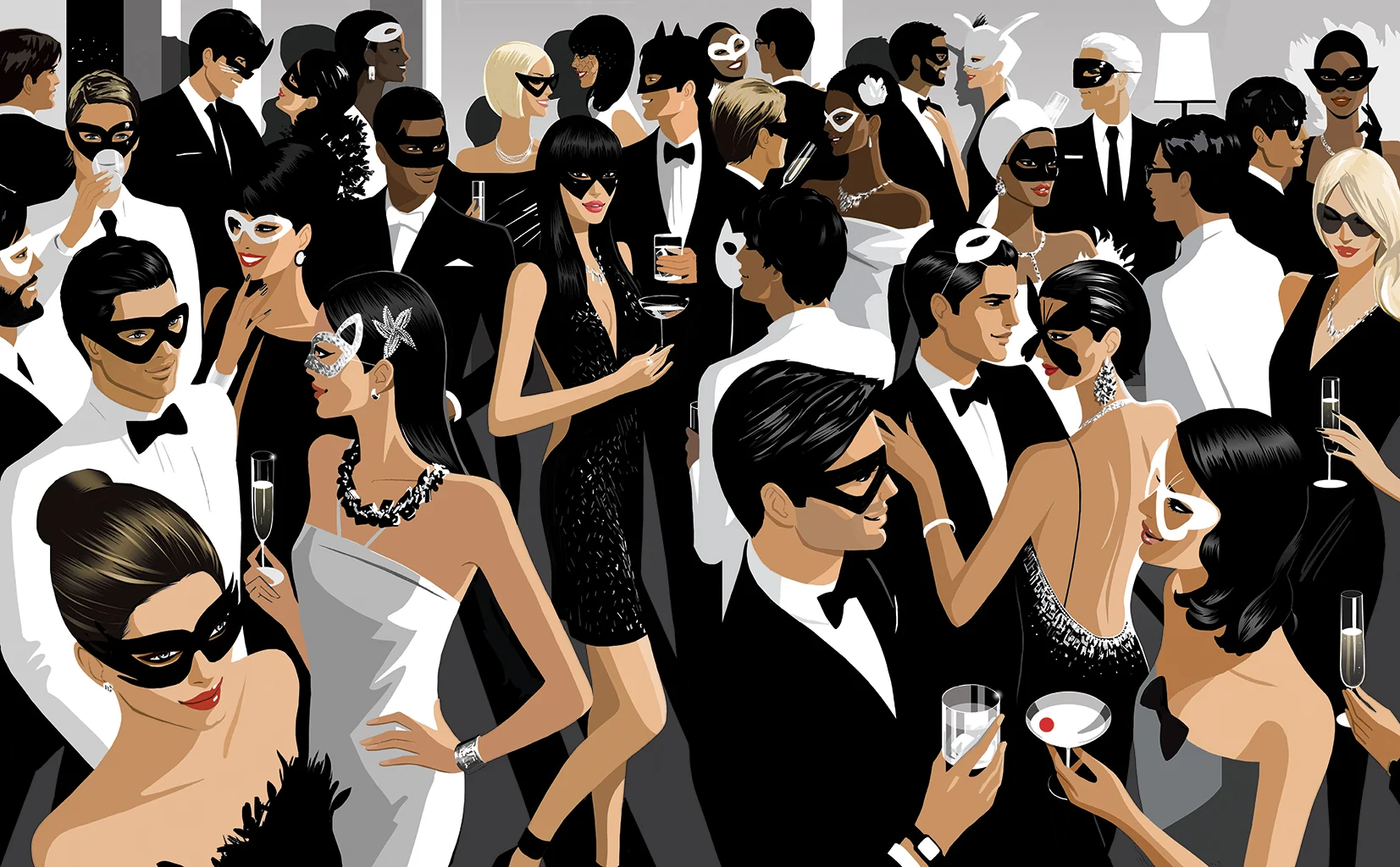 The same masked ball in colour, champagne glasses raised