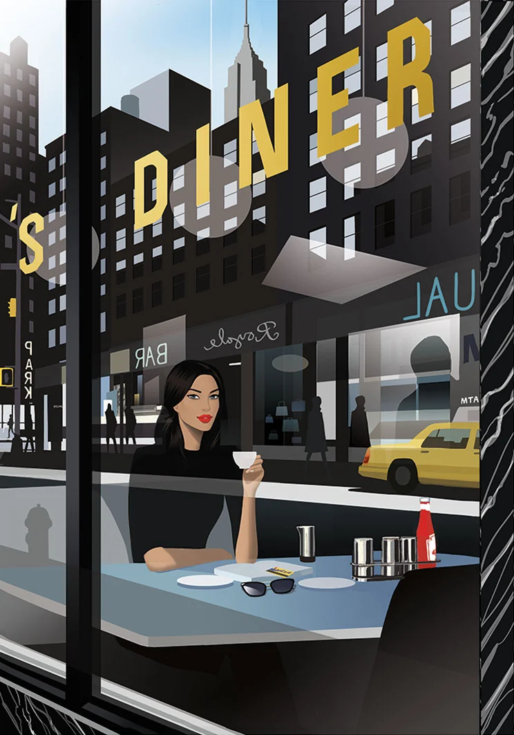 Through a diner window, a woman in black drinks coffee; yellow cabs and the Empire State Building outside