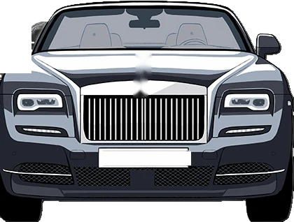 A dark grey convertible, seen head on