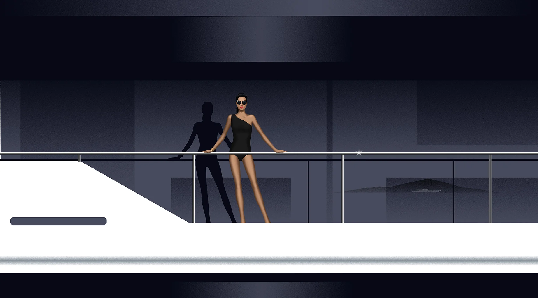 At night a woman in a black one-shoulder swimsuit stands at the yacht rail, her shadow on the glass behind her