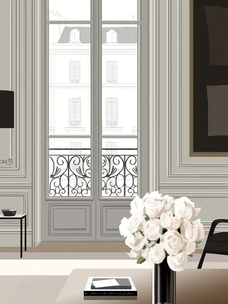 A Paris apartment: tall French windows, wrought-iron balcony, white roses on the table