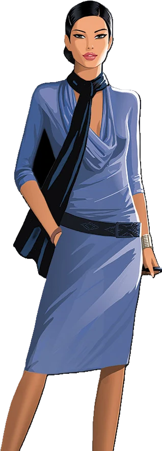 A woman in a periwinkle dress and black scarf carries a small case