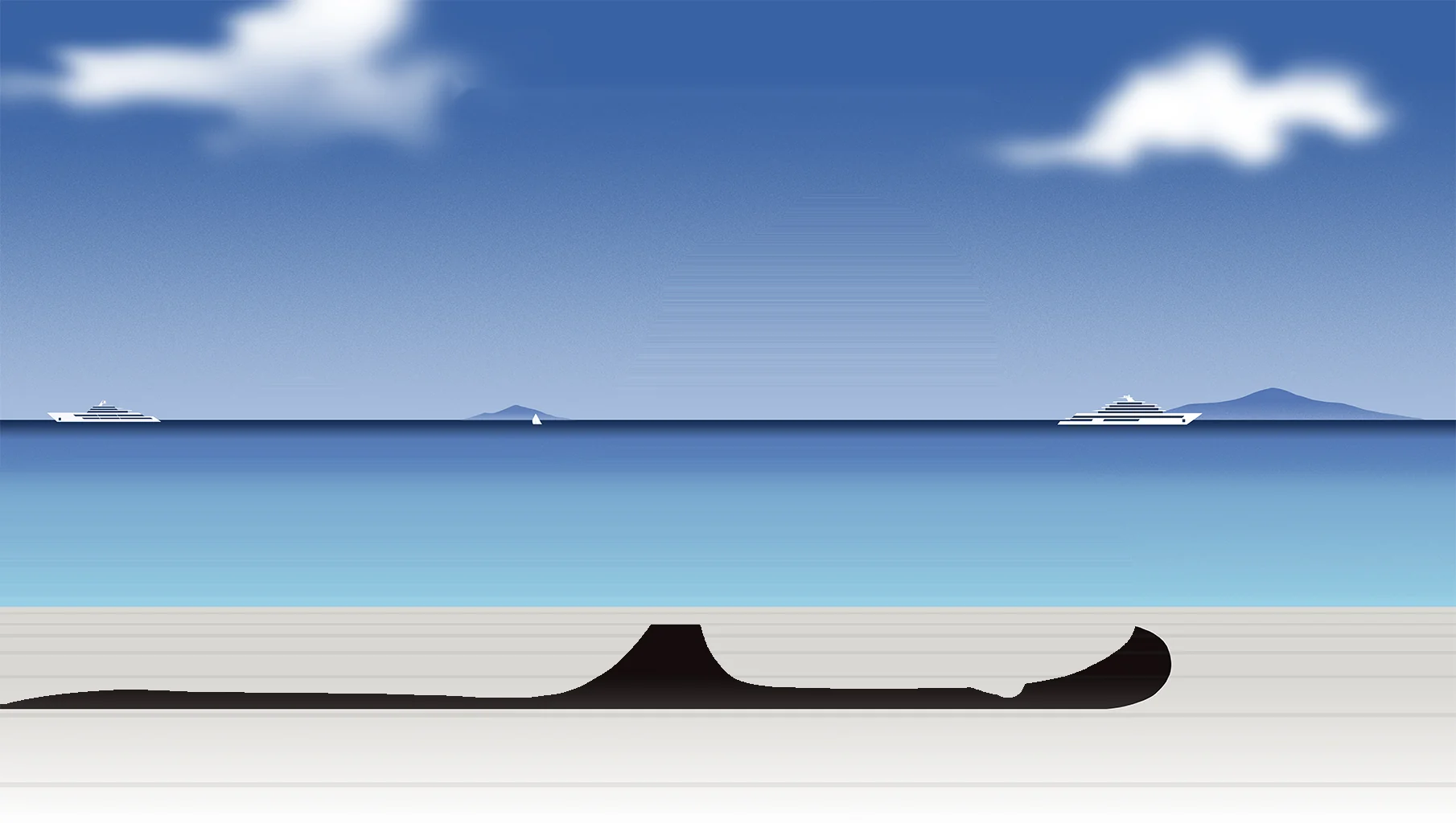 Sky, sea and a teak deck, with superyachts on the horizon