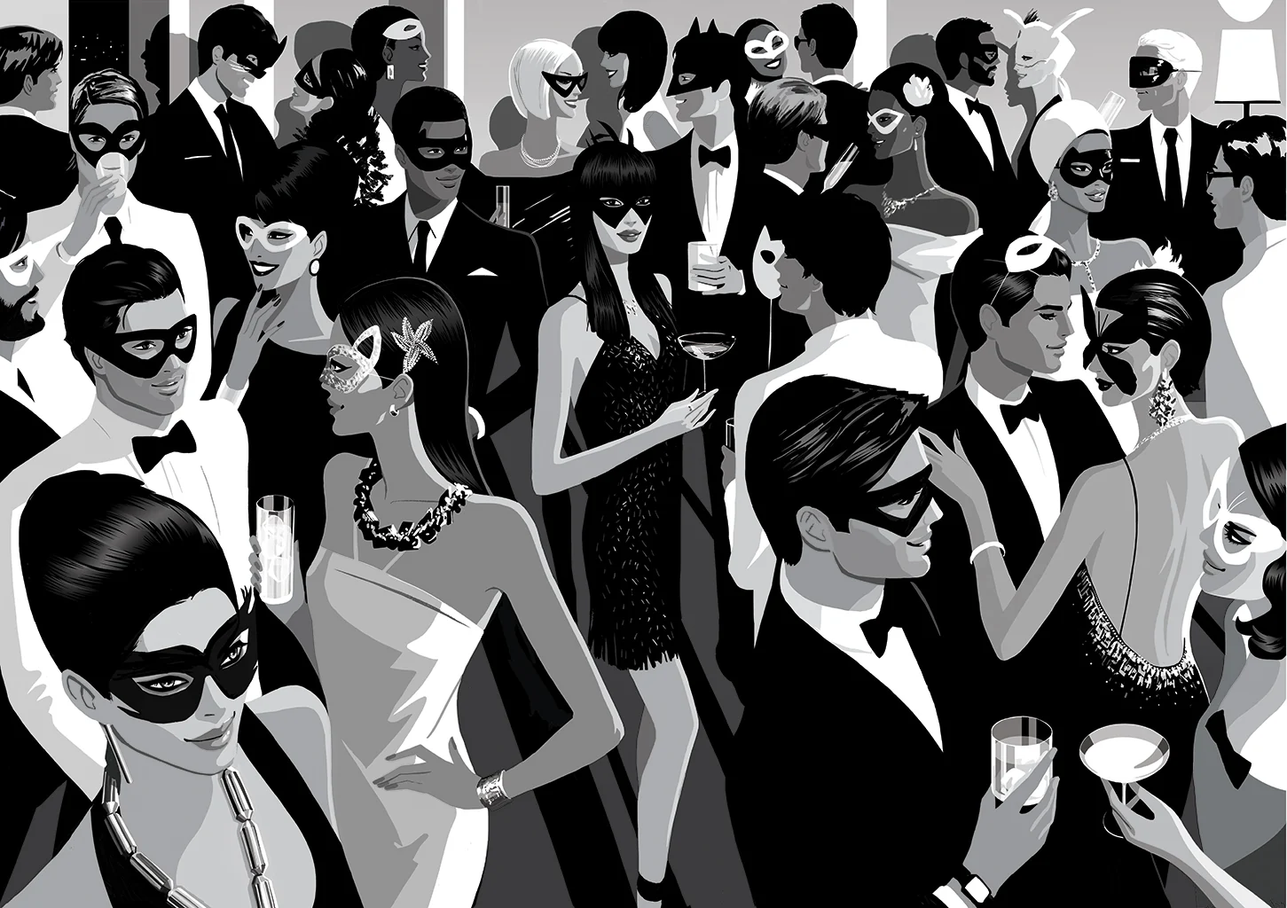 Black and white: a crowded masked ball, guests in black tie and eye masks
