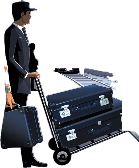 A porter in a peaked cap wheels two navy trunks on a trolley