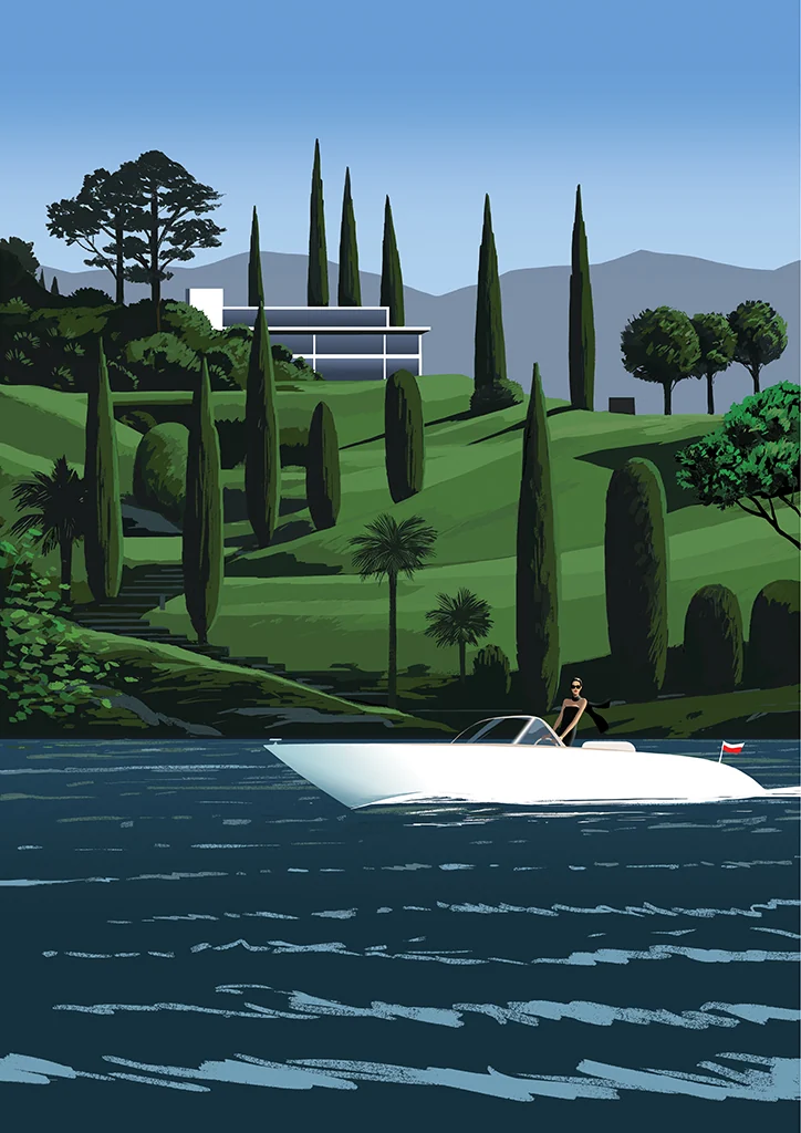 A glass villa among cypress trees above a lake; a white speedboat passes below