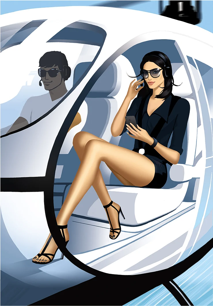 A woman in sunglasses and a headset sits in a white helicopter beside the pilot