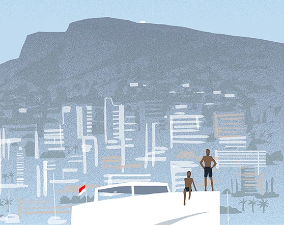 Hillside town and a tender with two swimmers