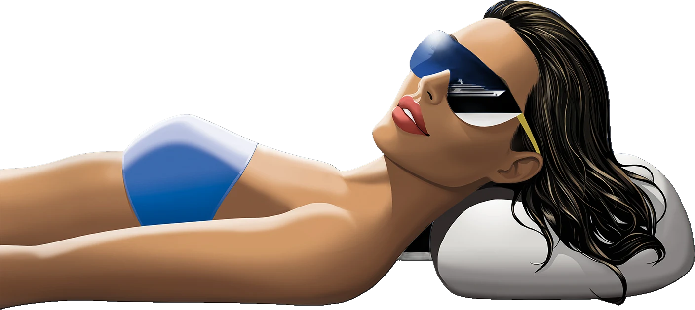 A woman in a blue bikini and wraparound sunglasses sunbathes on a white cushion