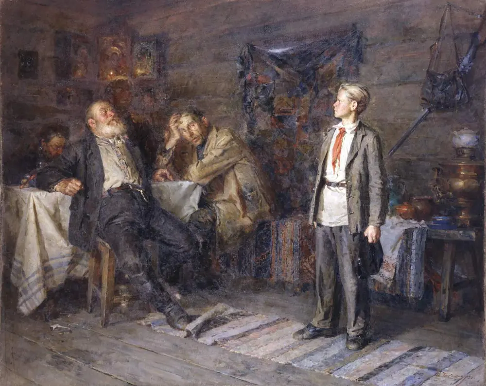 Painting: a boy in a red Pioneer tie stands in a log hut facing his seated father, grandfather and relatives