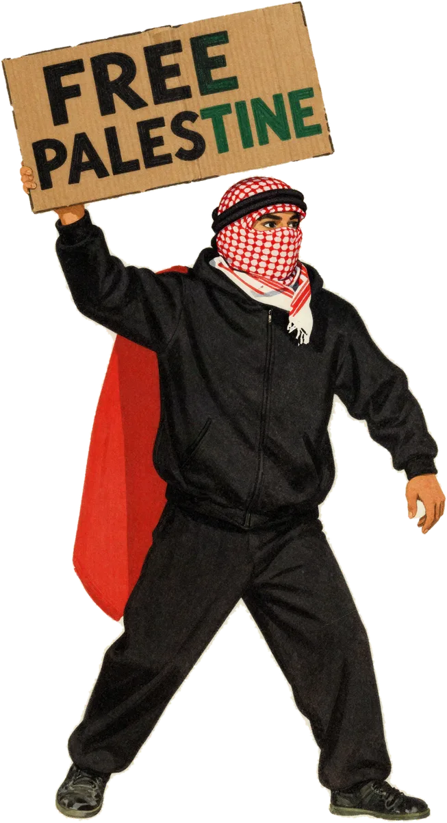 Illustration: a masked protester in a keffiyeh holding a Free Palestine sign