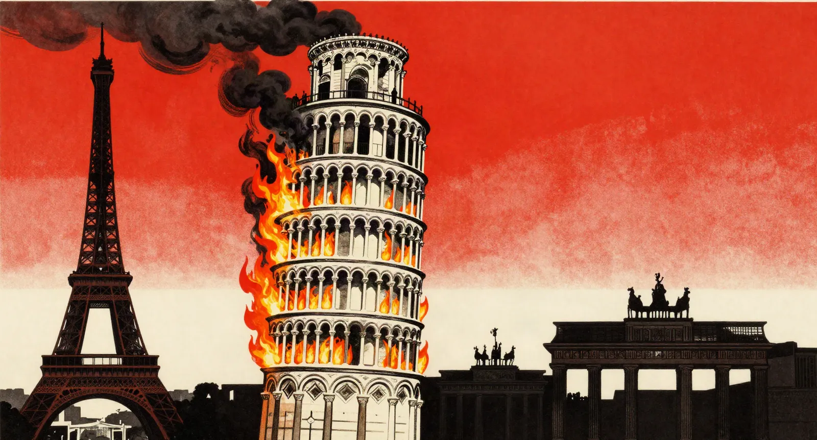 Illustration: the Leaning Tower of Pisa in flames beside the Eiffel Tower and the Brandenburg Gate under a red sky