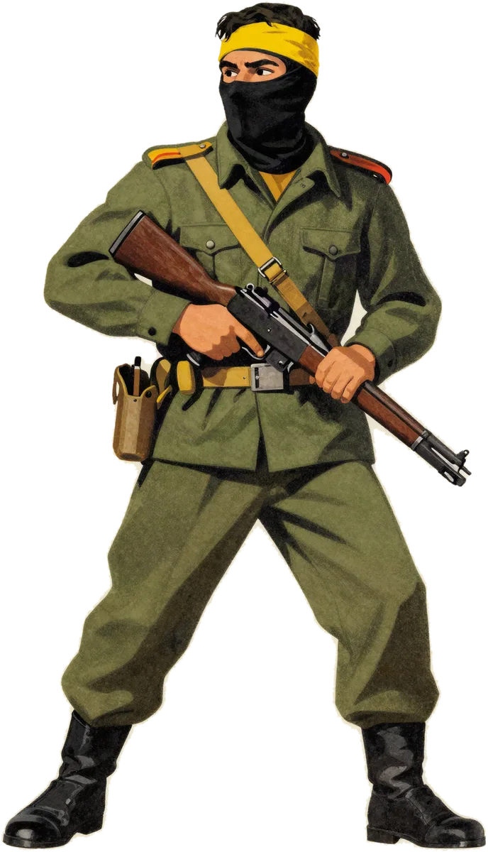 Illustration: a masked militia fighter in olive fatigues and a yellow headband