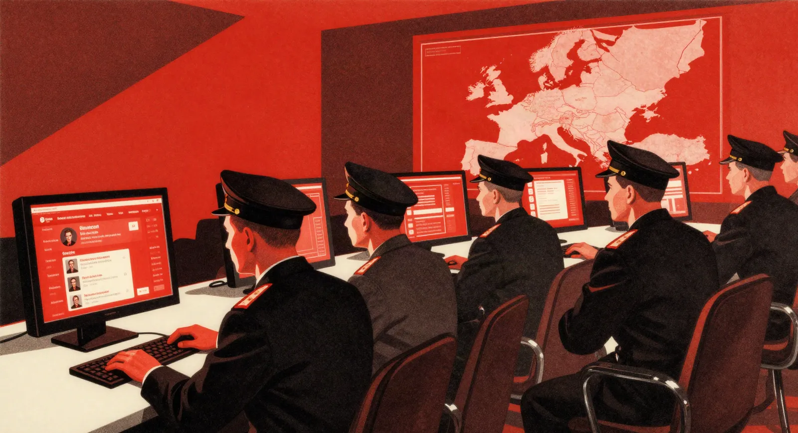 Illustration: uniformed officers at computer screens in front of a red map of Europe
