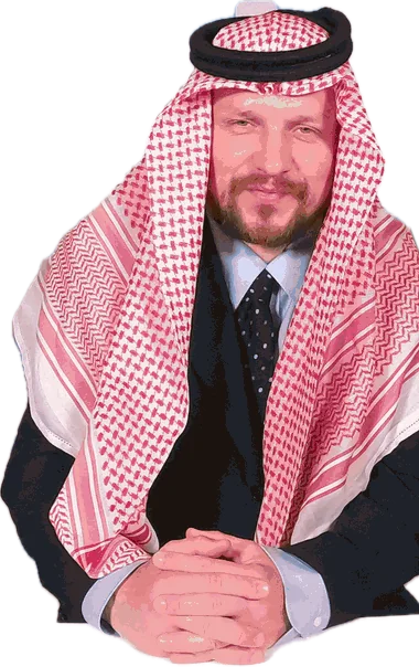 The author wearing a red-and-white shemagh at a Saudi Press Agency stand