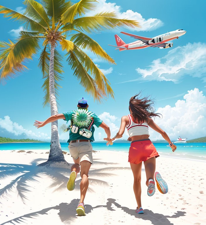 The image shows a vibrant and lively beach scene. There are two people, a man and a woman, running hand-in-hand on the sandy shore towards the ocean. The man is wearing a green shirt, beige shorts, and a backpack, while the woman is in a white tank top and red shorts. Above them, a commercial airplane is flying in the clear blue sky, suggesting a sense of travel and adventure. In the background, there is a palm tree on the left, a distant island, and a boat on the water, enhancing the tropical paradise atmosphere. The overall vibe of the image is energetic and joyful, capturing the essence of a fun beach vacation.