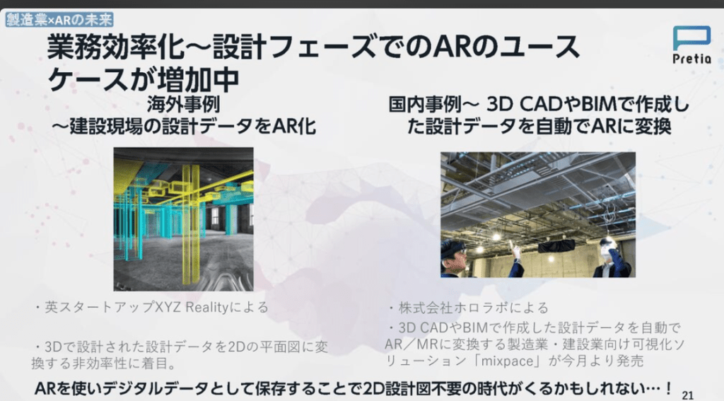 Pretia slide, AR in construction. Japanese, already implementing variety of AR tools 'mixpace' in construction.
Screen from PRETIA.com
日本では、建設業界でさまざまなARツール「mixpace」がすでに導入されています。PRETIA.comからの画面です。