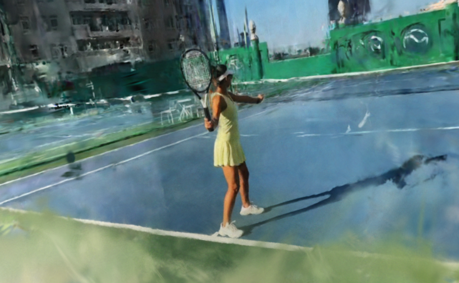 Young female tennis player exhibiting proper racket technique, captured in Dubai using Gaussian Splatting for enhanced context of the scene. 

