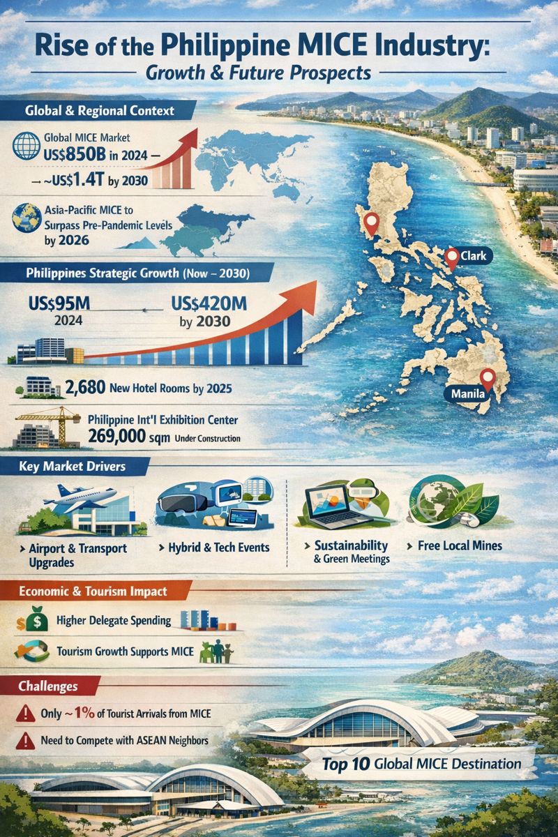 prospects of mice event growth, hotels, airports, map Philippines