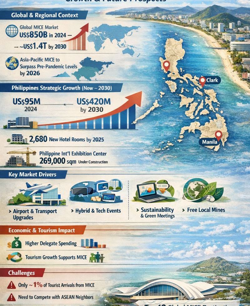 prospects of mice event growth, hotels, airports, map Philippines
